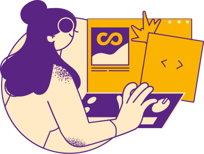 Ilustracja kobiety pracującej na laptopie wyświetlającym logo firmy Romicore