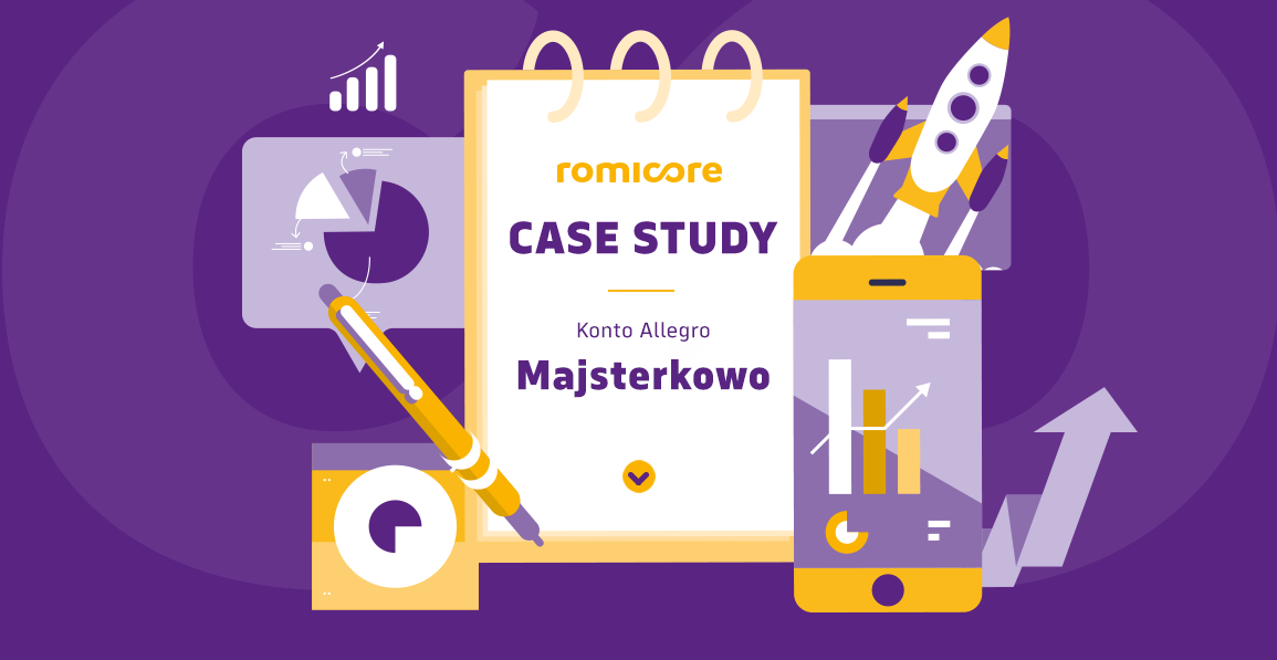 Ilustracja przedstawiająca notes z napisem Romicore - Case Study - Konto Allegro - Majsterkowo. W tle grafiki wykresy statystyczne, smartfon, długopis oraz startująca rakieta.